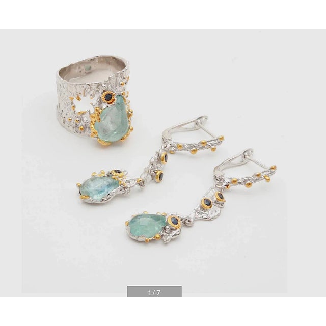 Metal 1980s Brutalist Sterling Silver, Aquamarine,Sapphire & Vermeil Earrings - 2 Pieces For Sale - Image 7 of 12