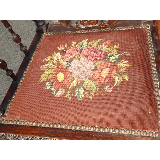 Brown Vintage Spanish Style Highly Carved Throne Chair Needlepoint Floral Seat ~ Victorian For Sale - Image 8 of 13