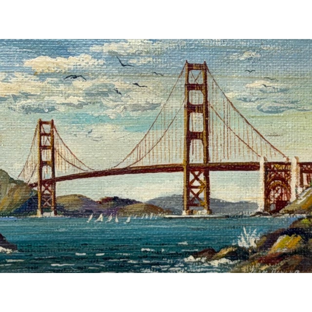 Vintage California Golden Gate Bridge Miniature Oil Painting by Jean Bowler, c. 1980 Original Signed Oil on Board | San...