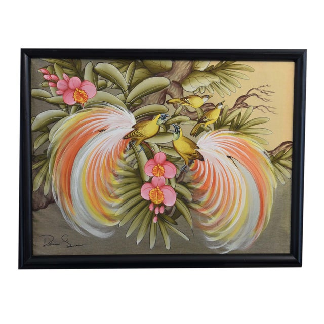 This vibrant oil on canvas, measuring 35" x 27", captures a lively scene of tropical birds amidst lush foliage and...