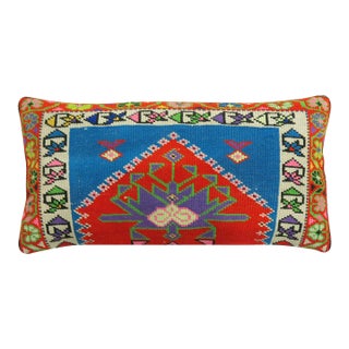 Vibrant Red and Blue Large Vintage Turkish Rug Pillow For Sale