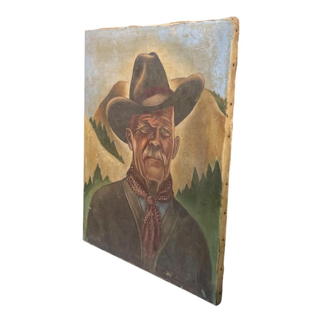A fabulous 1930s cowboy portrait painting on canvas, featuring a vibrant color palette and beautiful original age-related...