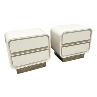 Postmodern Cream Gloss Laminate Waterfall Nightstands With Gold Accents - A Pair For Sale