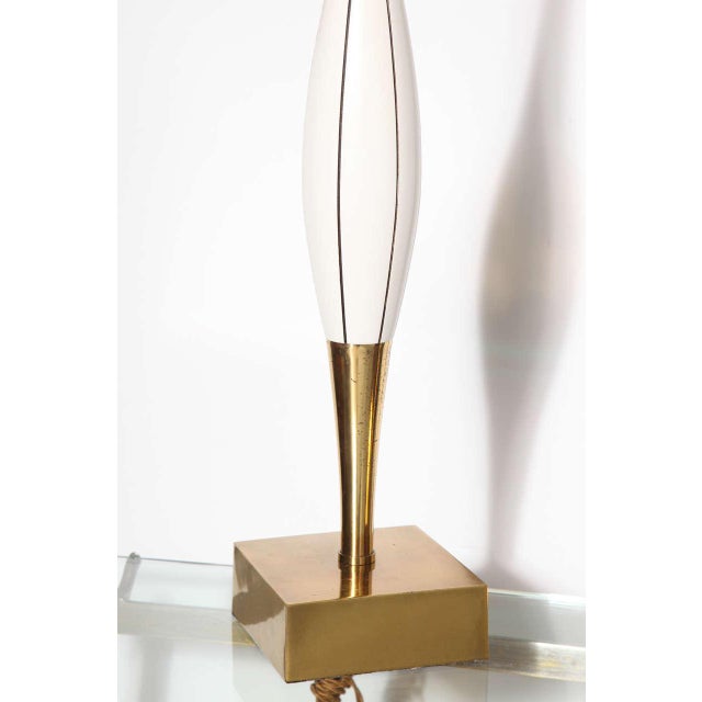 Wood Mid-Century Stewart Ross James Attrib. White Incised Wood and Brass Table Lamps - a Pair For Sale - Image 7 of 9