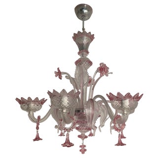 Transparent and Pink Murano Style Glass Chandelier with Flowers and Leaves from Simoeng For Sale
