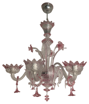 Transparent and Pink Murano Style Glass Chandelier with Flowers and Leaves from Simoeng