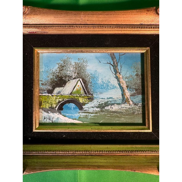 Realism Small Winter Landscape Oil Painting, Stone Bridge and Birch, Signed, Framed For Sale - Image 3 of 5
