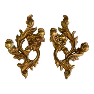 Vintage Mid-Century Gold Wood Wall Sconces – Set of 2 Hollywood Regency Candle Holders For Sale