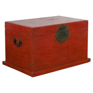 19th Century Chinese Qing Dynasty Red Lacquer & Brass Hardware Blanket Chest