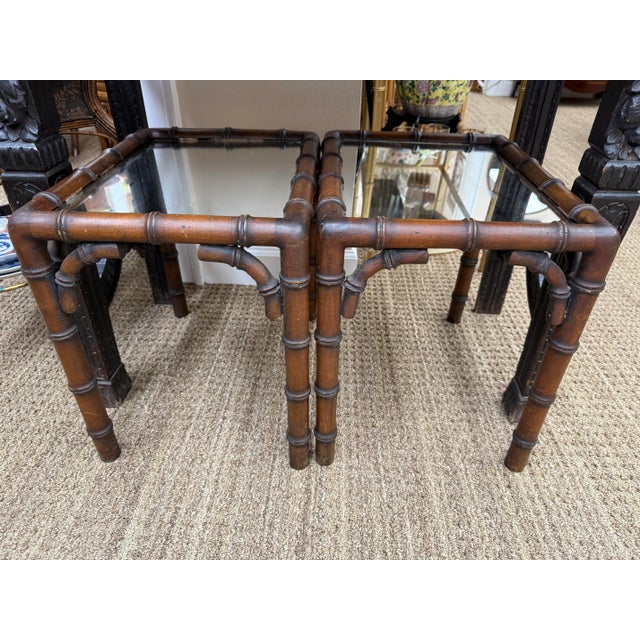 Chinoiserie 1970s Vintage Italian Faux Bamboo Side Tables With Mirrored Glass Surfaces, a Pair For Sale - Image 3 of 8