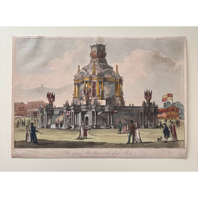 1814 Historical Hand Colored Etching of the Grand Pavilion Erected in Green Park, London.