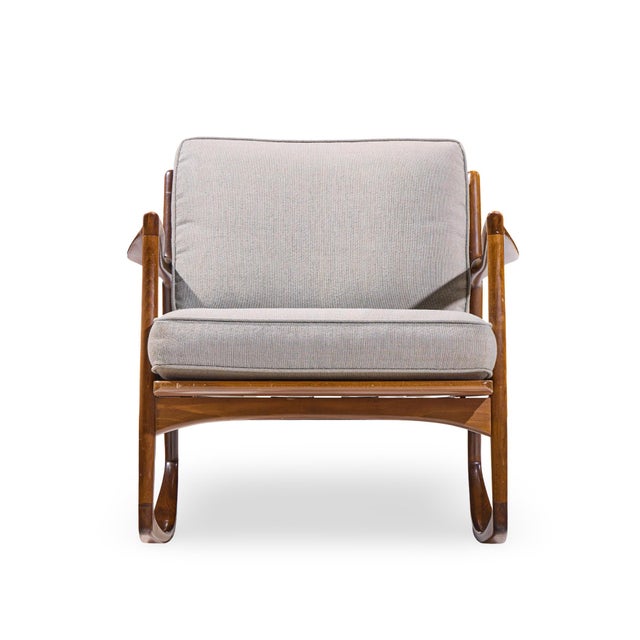 Kofod Larsen for Selig Mid Century Danish Walnut Rocking Lounge Chair This rocking chair measures: 30 wide x 33 deep x...