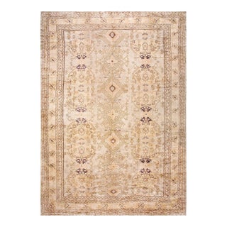 1930s Tan Camel Geometric Antique Turkish Decorative Oushak Rug 13' X 18'4" Handknotted Wool Carpet For Sale