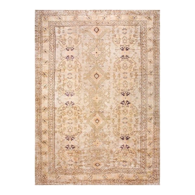 1930s Tan Camel Geometric Antique Turkish Decorative Oushak Rug 13' X 18'4" Handknotted Wool Carpet For Sale