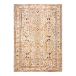 1930s Tan Camel Geometric Antique Turkish Decorative Oushak Rug 13' X 18'4" Handknotted Wool Carpet