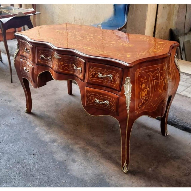 Make a bold statement with this large French Rococo-style executive desk, featuring a rich brown finish, elegant curved...