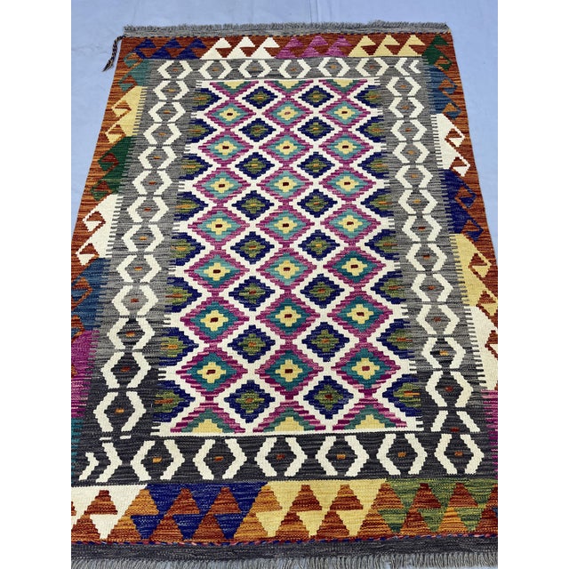 Art Deco 4'2" X 5'10" Multicolor Afghan Chobi Geometric Wool Flatweave Kilim Rug For Sale - Image 3 of 16