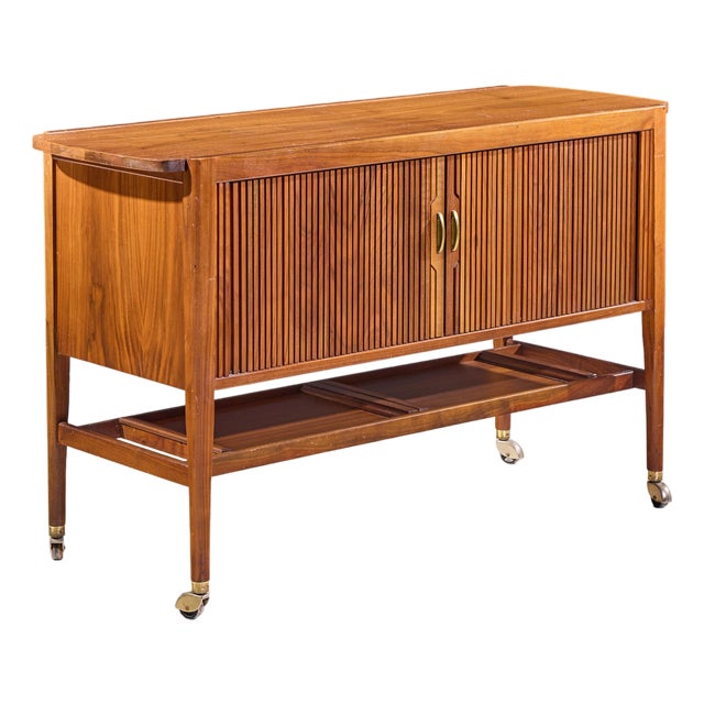Kipp Stewart for Drexel Declaration Mid Century Walnut Tambour Door Bar Cart For Sale