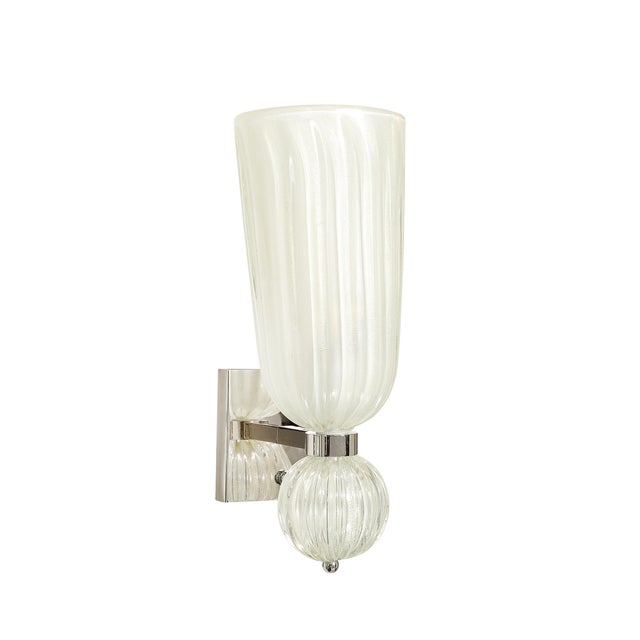 Modernist Hand-Blown Fluted 24k White Gold Fleck Murano Glass & Nickel Sconces For Sale - Image 9 of 13