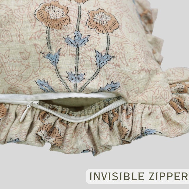 Not Yet Made - Made To Order Block Print Boho Frill Pillow Cover Handmade Linen, Double-Sided Floral, Decorative Throw Cushion for Home 12x20 Inch -Amitab For Sale - Image 5 of 6