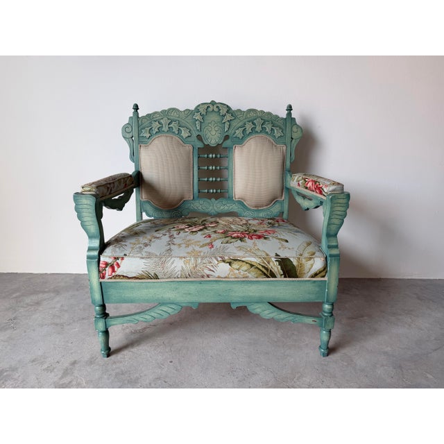 Victorian 1970’s Palm Beach Victorian–Style Carved Wood Turquoise Painted Loveseat by Sherrill Furniture For Sale - Image 3 of 10