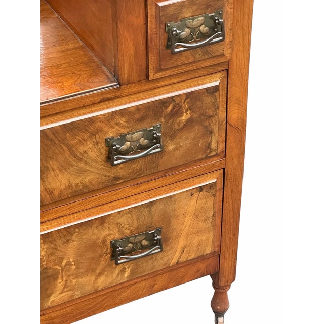 Brown Antique Art Nouveau Burled Walnut Ladies Dresser With Oval Folding Mirrors For Sale - Image 8 of 11