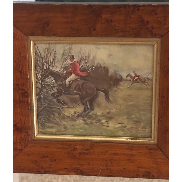 English Fox Hunt Sporting Pictures in Antique Bird's Eye Maple Wood Frames - A Pair For Sale - Image 4 of 18