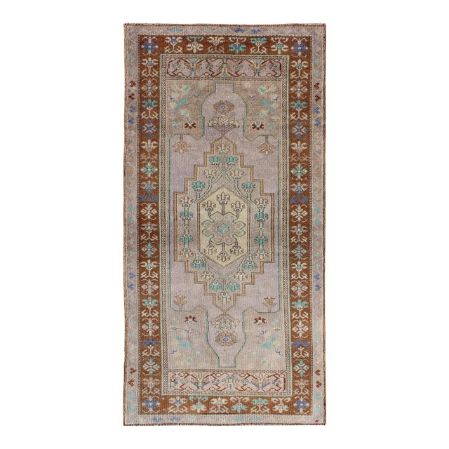 Mid 20th Century Mid 20th Century Vintage Oushak Rug in Light Lavender Background and Chocolate Brown Border For Sale