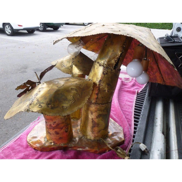 70's Brutalist signed "Dieter" torch cut brass & copper multiple mushroom lamp sold as found in vintage condition showing...