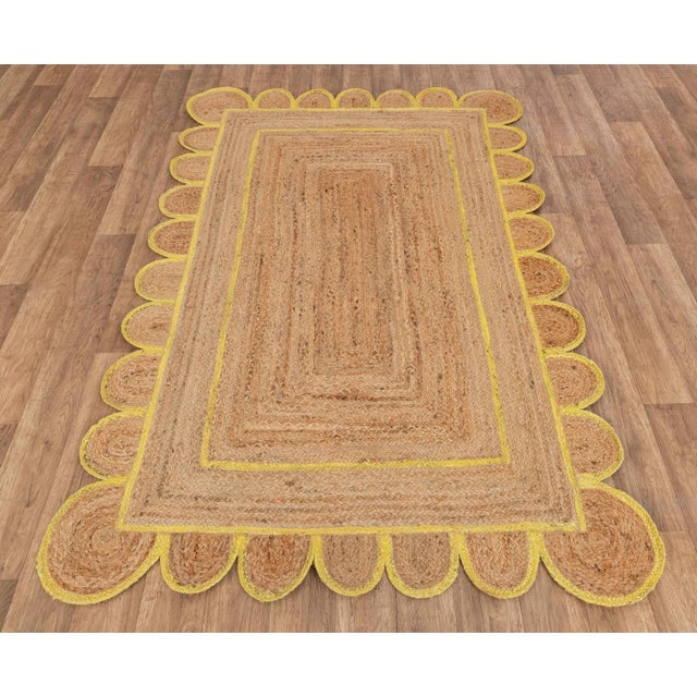Boho Chic Yellow Trim Jute Scallop Braided Hand Made Bohemian Rug 6'x9' For Sale - Image 3 of 12