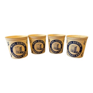 1970s French "Miel Surfin" Wax-Coated Honey Pots – Set of 4 – New Old Stock – Blue & Cream Beehive Containers For Sale