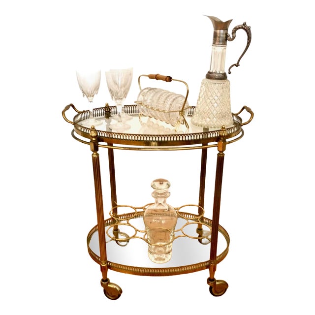 Vintage French Brass Tea Trolley with Removable Tray and 8-Tier Bottle Holder, 1950s For Sale