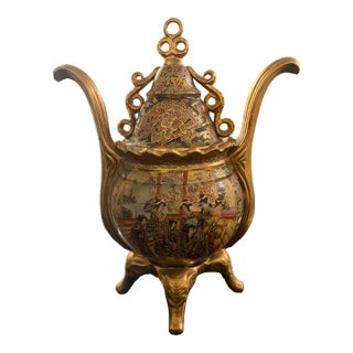 1950s Royal Satsuma 2-Handle Gilt Porcelain Vase W/Lid 16" Tall X 13" Wide For Sale