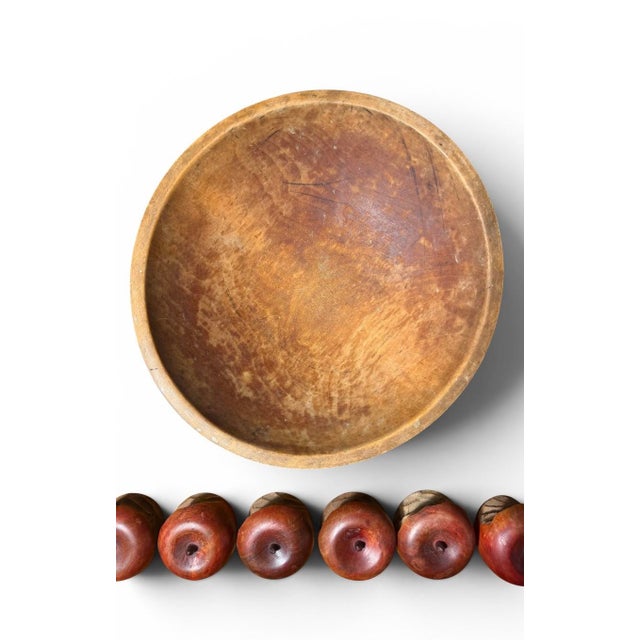 Vintage Folk Art Hand-Carved "Bitten" Wooden Apples & Rustic Bowl Set (8 Pieces) For Sale In New York - Image 6 of 7