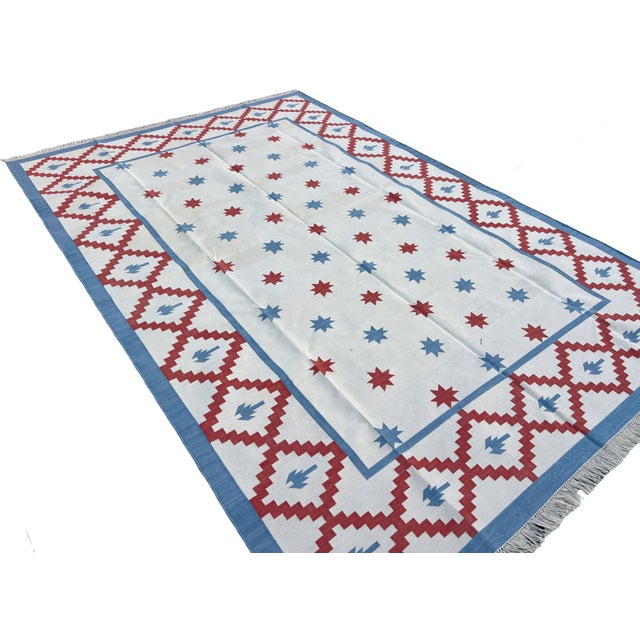 Not Yet Made - Made To Order Handwoven Cotton Area Rug Vegetable Dyed Sky Blue, Cream and Terracotta Star Patterned Dhurrie - 6'x9' For Sale - Image 5 of 13