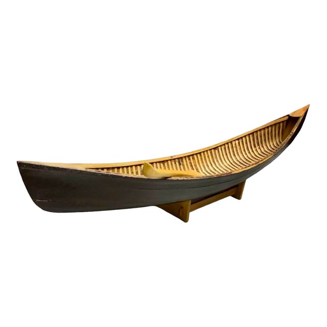 Late 20th Century Canoe Model With Paddle and Base Large Wood Rowboat Vintage Cabin Nautical Decor For Sale
