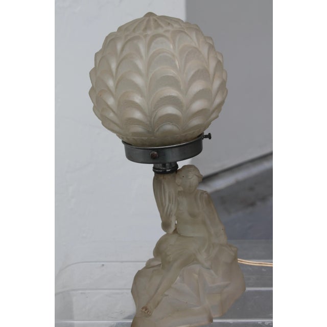 A beautiful and period French Art Deco 1930's 2 piece Frosted Desk or Accent Lamp. Deco Lady relaxing on rock relief and...