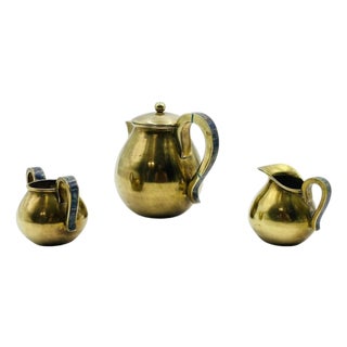 1950s Los Castillo Taxco Brass & Stone Inlaid Tea Set, Mexican Modernism - Set of 3 For Sale