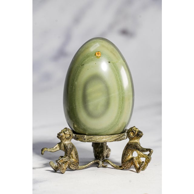 Wonderful Antique Polished Stone Specimen Eggs on Monkey Stands Grand Tour Mineral Collection Pair Home Decor For Sale In New York - Image 6 of 16