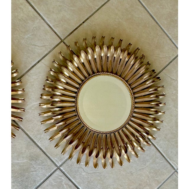 Pair Gilt Metal Eyelash Sunburst Convex Wall Mirrors For Sale - Image 10 of 18