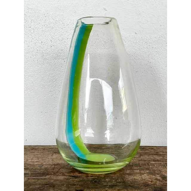 Vintage Clear Glass Vase With Blue and Green Stripes For Sale - Image 12 of 12