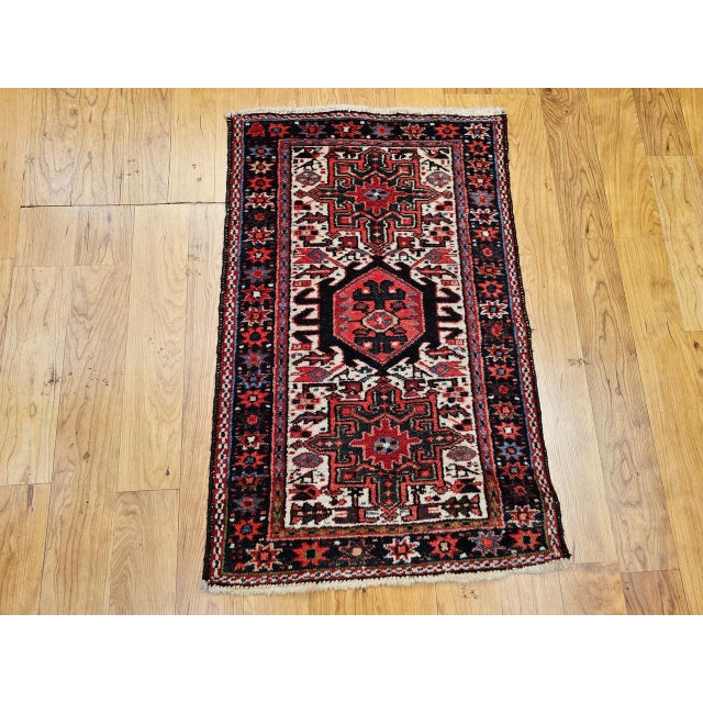 Vintage Persian Heriz Karajeh Rug, Hand-Knotted Wool, Geometric Pattern, Red & Ivory, 2x3 For Sale - Image 11 of 12