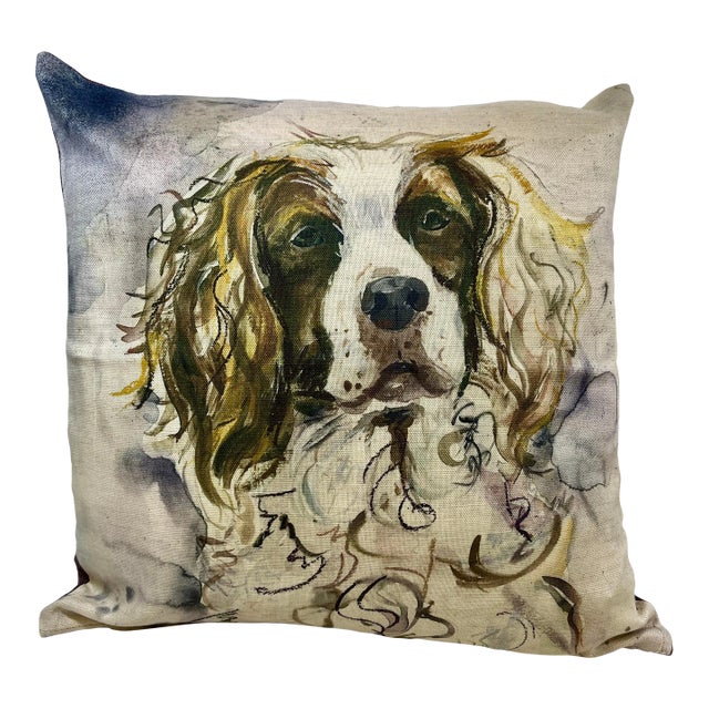 16” Square Decorative Throw Pillow Adorned With the Portrait of an Adorable Springer Spaniel Dog in a Water Color Look Finish - Made in the U K For Sale