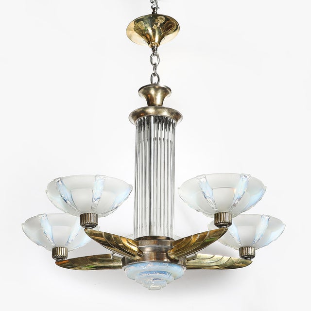 Art Deco Brass Petitot Chandelier W/ Glass Rods & Opalescent Glass Shades For Sale - Image 10 of 18