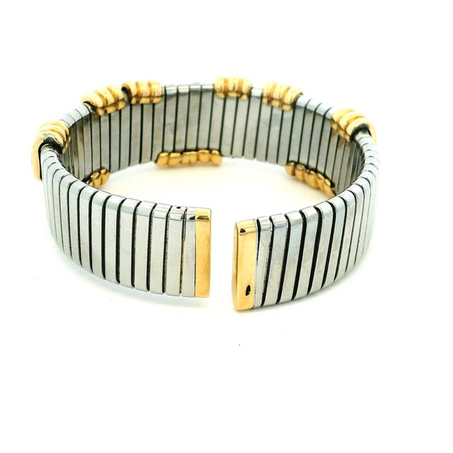 1990s Bulgari Parentesi Tubogas 18k Gold & Stainless Steel Cuff Bracelet For Sale In Miami - Image 6 of 12
