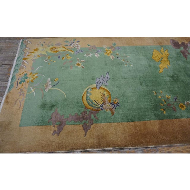 1920s 1920s Green Celadon Floral Scene Chinese Art Deco Carpet 4'5'' X 11'9'' Knotted Wool Rug For Sale - Image 5 of 11