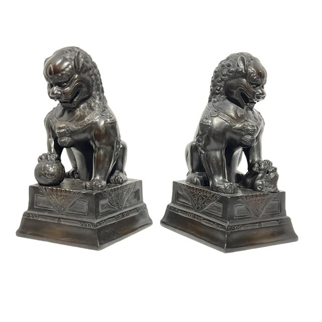Figurative Vintage Patinated Metal Foo Lion Sculptures - A Pair For Sale - Image 3 of 12