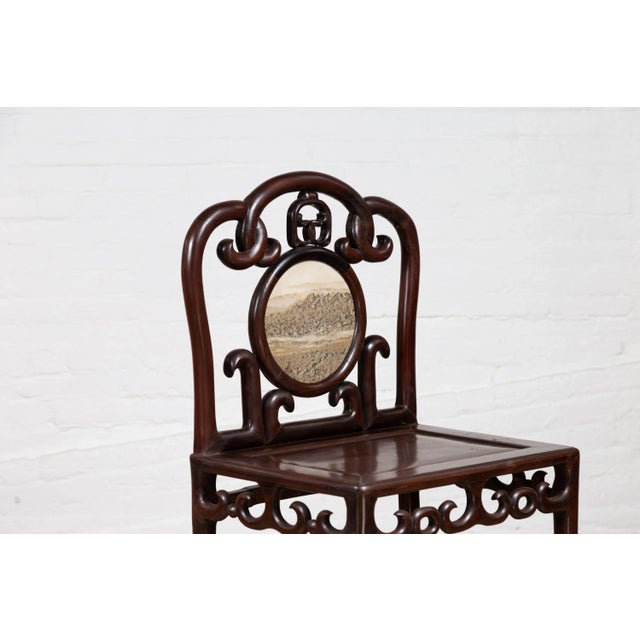 Chinese Antique Rosewood Side Chair with Open Fretwork and Marble Medallion For Sale - Image 12 of 13