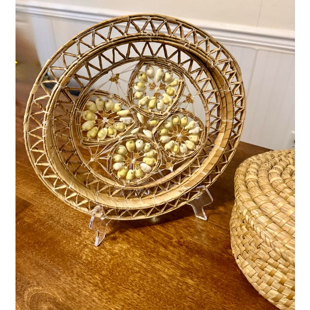 Beige Late 20th Century Hand Woven Cowrie Shell Wall Hanging and Lidded Basket With Handle For Sale - Image 8 of 12