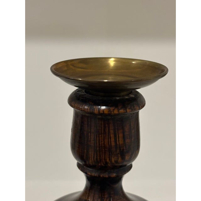 Antique English Oak Turned Candlesticks With Brass Candle Cups - A Pair For Sale - Image 11 of 13